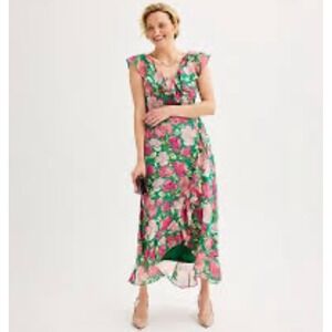 London Times NWOT Women's Ruffle Pink & Green‎ Floral Poly Maxi dress size 14